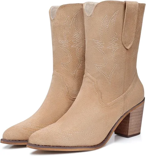 Vista 2 de SHIBEVER Botas vaqueras para mujer, de pantorrilla ancha, con bordado occidental, botas vaqueras con puntera puntiaguda