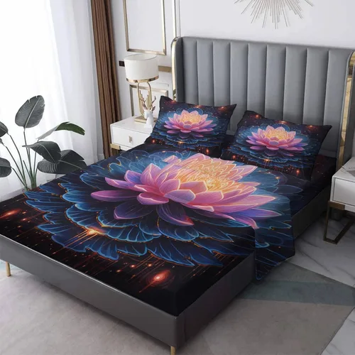 Vista 10 de Lotus Sábanas tamaño individual – Sábanas de cama de flor de loto, microfibra suave, bolsillo profundo, sábanas y fundas de almohada sin arrugas, 3