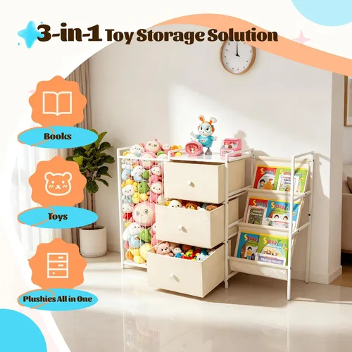 Vista 2 de Bookshelf and Toy Storage Organizer, 3-Tier Sling Book Rack with Stuffed Animal Storage and Toy Bins, Space Saving Bookcase for Bedroom, Playroom