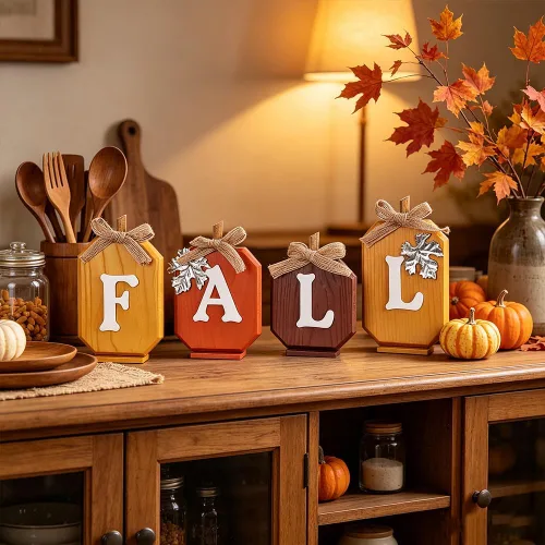 Vista 4 de Decoraciones de otoño para el hogar, letrero de madera de calabaza con letras de otoño para decoración de otoño, juego de bloques de madera