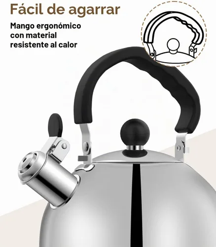 Vista 4 de Tetera para estufa - Tetera de acero inoxidable, hervidor de 2 litros para acampar, calefacción eficiente, silbato audible, mango seguro - hervidor