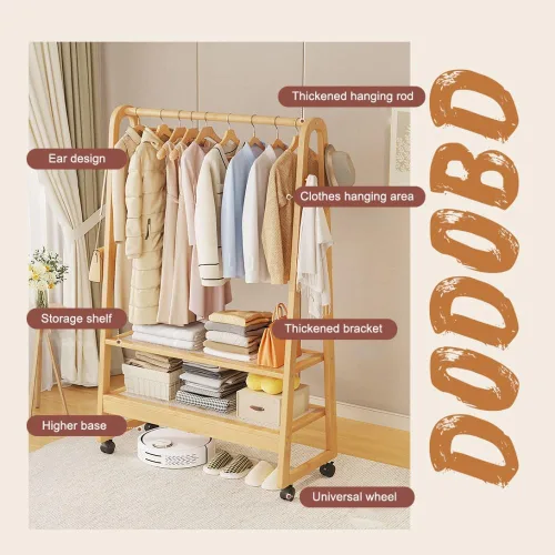 Vista 3 de Bamboo Clothing Rack with Hanging Rails,Sturdy Garment Rack with 2-Tier Shoe Rack,Portable Clothes Rack with Hook and Storage Shelf,for