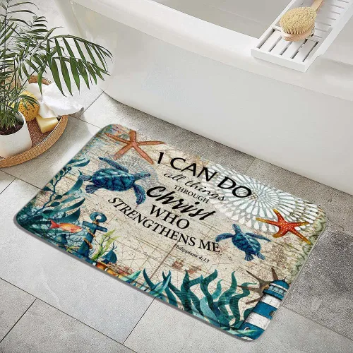 Vista 2 de Alfombra de baño de tortuga verde, divertida vida marina, cita inspiradora, mapa náutico vintage, verano, playa, océano, tema costero, arrecife