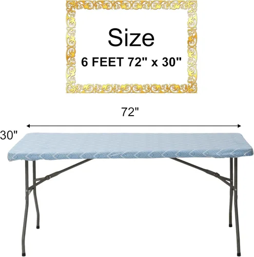 Vista 3 de Zhenrui Mantel rectangular elástico ajustable de 6 pies, cubierta de vinilo impermeable a prueba de derrames, diseño de ondas azules impresas