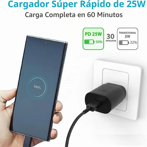 Vista 2 de Cargador Samsung de carga súper rápida de 25 W, USB C, bloque de cargador de pared con cable de carga tipo C de 5 pies, compatible con Samsung