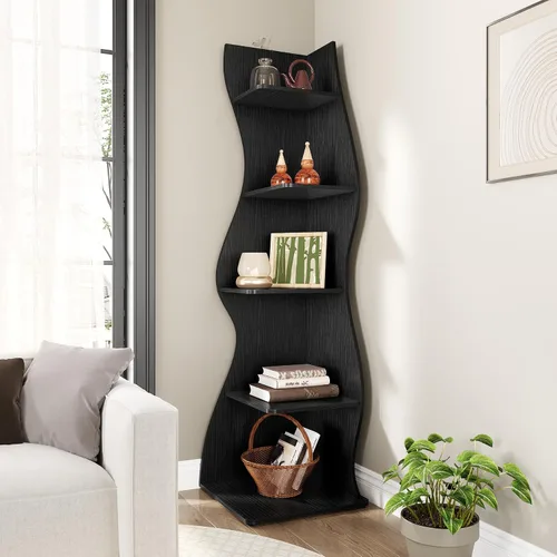 Vista 6 de LITTLE TREE Estantería de esquina pequeña, estantería moderna de esquina de pared de 5 niveles para libros, elegante librero estante