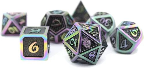 Vista 8 de HEIMDALLR Juego de dados DND de metal, 7 piezas, diseño de piel de dragón, tamaño de 0.630 in, logotipo en D20; juego de dados de metal y caja