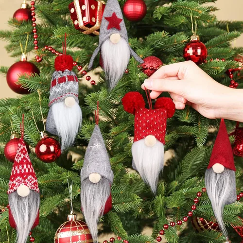 Vista 6 de D-FantiX Juego de 6 adornos de Navidad de gnomo, hechos a mano, gnomos suecos Tomte, adornos decorativos de felpa para colgar en el árbol