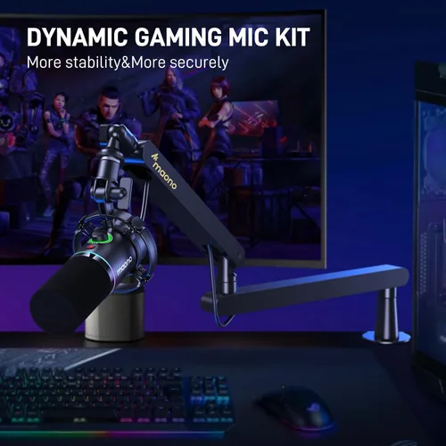 Vista 2 de MAONO Kit de micrófono dinámico XLR/USB, paquete de micrófono RGB para juegos para podcast Studio Streaming Grabación Vocal PD200X+BA92 Negro