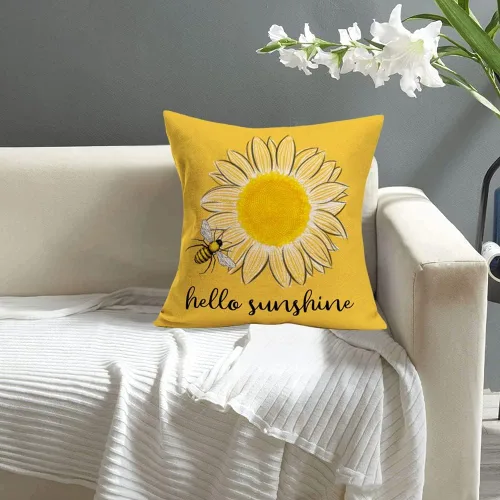 Vista 3 de Hello Sunshine - Fundas de almohada decorativas de verano, diseño de abeja de girasol, granja, fundas de almohada cuadradas amarillas para patio