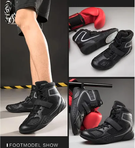 Vista 3 de Zapatos de lucha libre para hombre y mujer, zapatos de boxeo, zapatillas de fitness, suela cero caída
