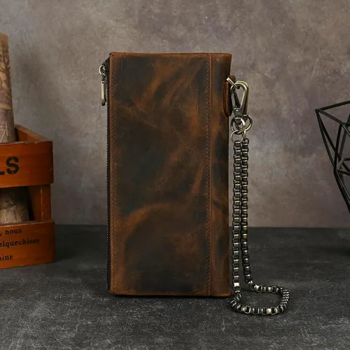 Vista 53 de Genuino Caballo Loco Cuero Regalo de Viaje Moneda Bolsillo Tarjetero Organizador Largo Cadena Rfid Cartera Monedero Con Broche Para Hombres Hombres
