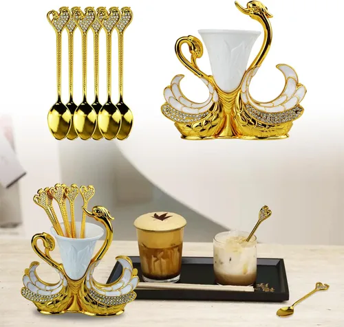 Vista 5 de Juego de cucharas con base de cisne dorado, cubiertos decorativos de cisne con 6 cucharas, cucharas de café, organizador para postres, helado