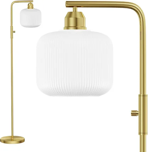 Vista 9 de Lámpara de pie de cristal para sala de estar, moderna lámpara de pie con pantalla de vidrio acanalado verde e interruptor de pedal, lámpara de pie