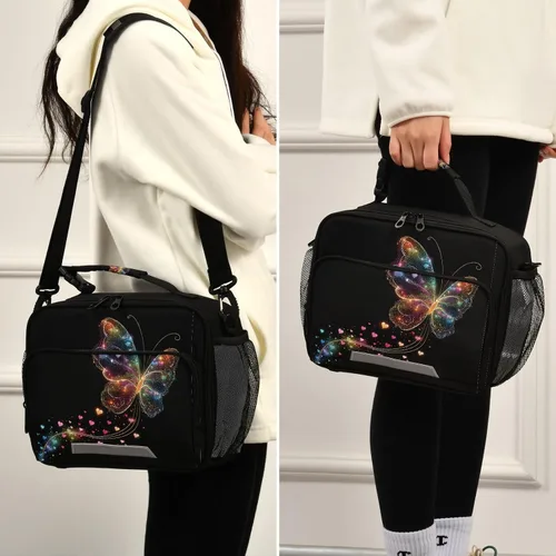 Vista 5 de Aslsiy Bolsa de almuerzo para mujer, diseño de arcoíris, con diseño de mariposa, con diseño de corazones brillantes, con correa ajustable