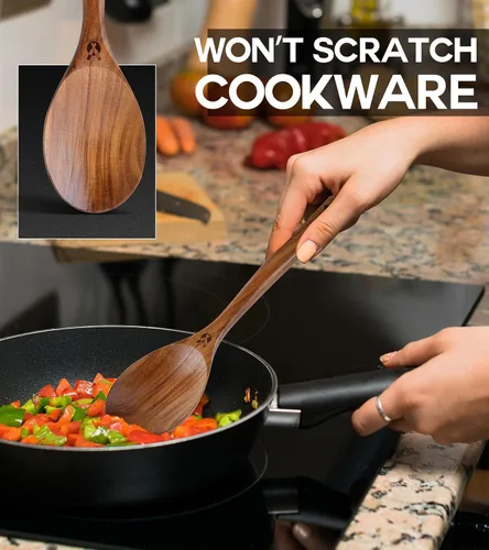 Vista 3 de Cucharas de Madera para Cocinar, Cucharas de Madera de Teca Natural Premium, Cucharas de Cocina Grandes de Buen Agarre y Espátula de Madera