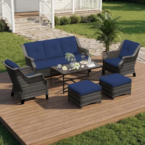 Vista 59 de Sofá de mimbre para patio al aire libre, sofá de 3 plazas, sofá de ratán con asiento profundo y cojines de olefina, respaldo alto, todo tipo de Beige