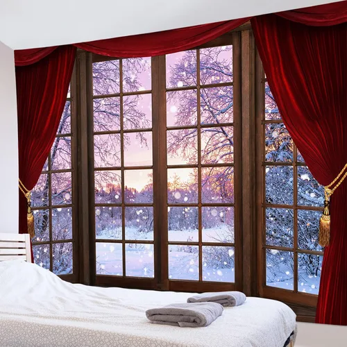 Vista 12 de HVEST Tapiz de bosque de invierno para colgar en la pared, montaña, nieve y pino, exterior, ventana de Navidad, arte de pared, tapiz de invierno