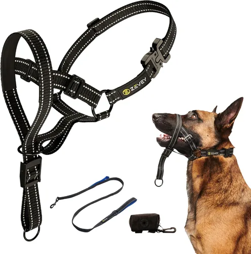 Vista 12 de Collar para la cabeza de perro con correa y correa de seguridad que detiene los tirones pesados de la correa, acolchado reflectante para la cabeza