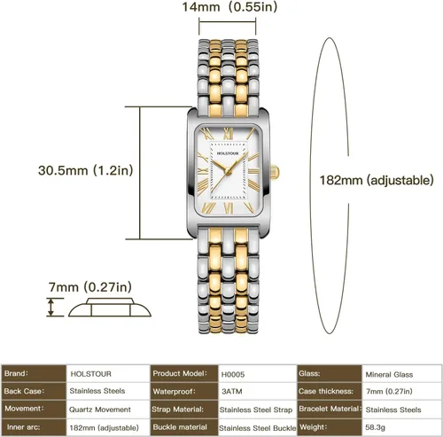 Vista 4 de Relojes para mujer, pulsera vintage, esfera romana, caja rectangular, reloj dorado, impermeable, con herramientas