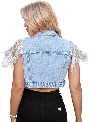 Vista 5 de SweatyRocks Chaqueta vaquera sin mangas con botones y flecos para mujer