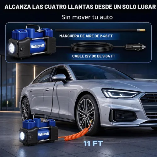Vista 3 de Inflador de neumáticos de 12 V, bomba de aire de doble cilindro de 150 PSI para automóvil, SUV, RV Azul