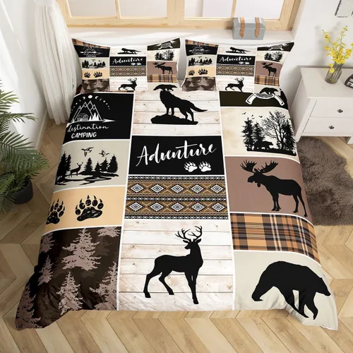 Vista 15 de Juego de funda de edredón para niños de ciervo, oso, lobo, tamaño individual, juego de ropa de cama de cabaña de aventura para niños, niñas