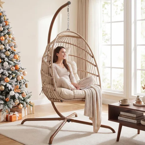 Vista 2 de NICESOUL Acogedora silla colgante con soporte para interiores y exteriores, silla columpio de mimbre para patio con cojín y patas doradas, 350