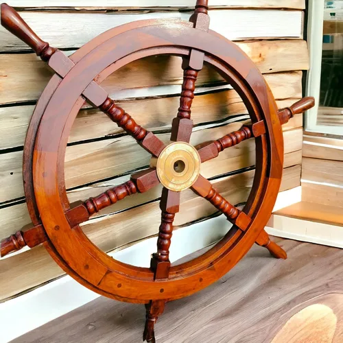 Vista 6 de Bhartiya Handicrafts Rueda de barco náutico para decoración de pared, volante de barco pirata de madera rústica con cubo de latón, rueda de capitán