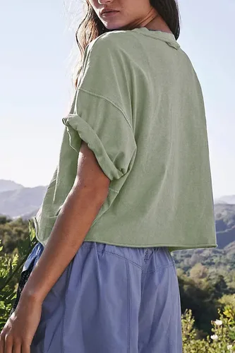 Vista 4 de Camisetas cortas extragrandes de entrenamiento de para mujer, estilo informal, de manga corta, hombros caídos, con dobladillo enrollado, básicas