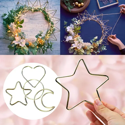 Vista 6 de 12 anillos de metal para atrapasueños, luna, estrella, corazón, círculo dorado para decoración de coronas de boda, manualidades para colgar