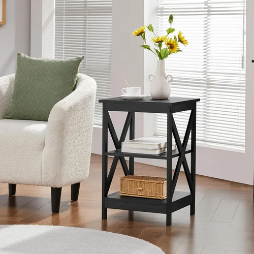 Vista 8 de Yaheetech Juego de mesa de madera de 3 piezas para sala de estar, incluye mesa auxiliar X-Design y dos mesas auxiliares de 3 niveles, muebles Negro