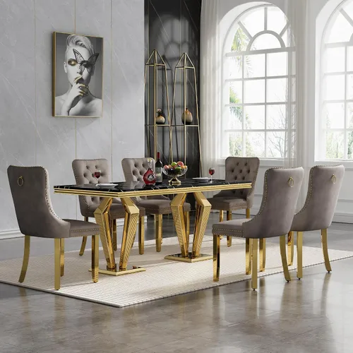 Vista 18 de HomVent - Juego de mesa de comedor de mármol sintético de 68 pulgadas con 4 sillas de terciopelo para cocina Modern Rectangular Faux Marble
