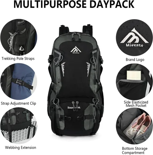 Vista 4 de Mochila de senderismo con marco interno de 55L para mujeres y hombres Negro