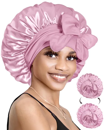 Vista 20 de BONNET QUEEN Gorro reversible de satén de seda para dormir, doble capa, ajustable, trenzas rizadas, peluca de cabello natural, banda para gorro