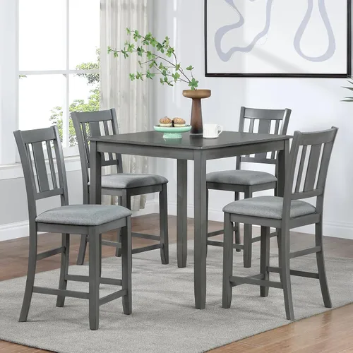 Vista 16 de Juego de mesa de comedor de 5 piezas para 4, juego de mesa de comedor cuadrada de madera maciza, juego de mesa de cocina con mesa cuadrada y 4