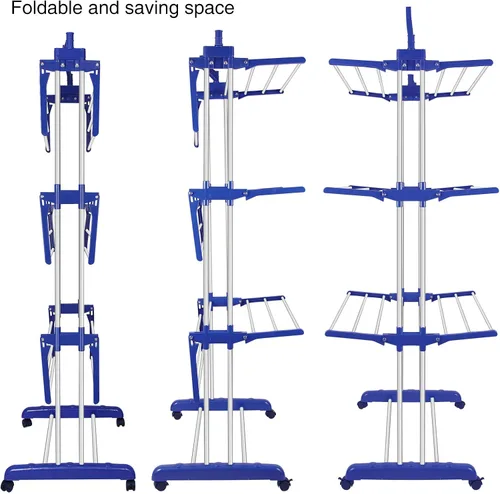 Vista 6 de Clothes Drying Rack Folding Clothes Rail 3 Tier Clothes Horses Rack Stainless Steel Laundry Garment Dryer Stand with Two Side Wings, Blue + Grey