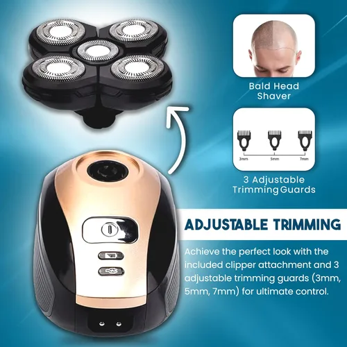 Vista 5 de Afeitadora eléctrica rotativa 5 en 1 para cabeza calva Recortadora de barba recargable 4D e inalámbrica Incluye afeitadora de calavera