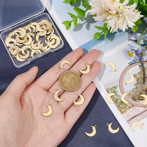 Vista 3 de UNICRAFTALE 50 dijes de luna de acero inoxidable, dijes dorados para hacer joyas, colgantes para collares, pulseras, aretes, manualidades, agujero