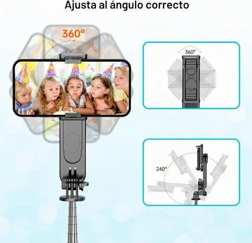 Vista 5 de Trípode estable para selfie stick con luz de relleno, palo selfie extensible de 44 pulgadas con control remoto inalámbrico y soporte de trípode Negro