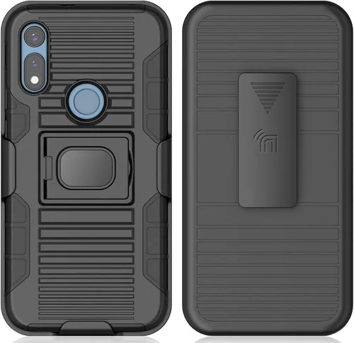 Vista 2 de Funda con clip para Moto E 2020, Nakedcellphone Black Rugged Cover [con soporte de agarre para dedos] + [placa de montaje integrada] +