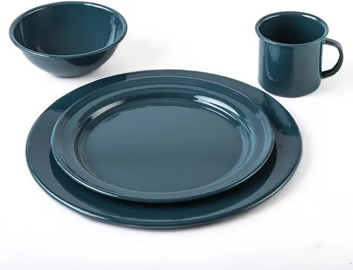 Vista 7 de Cinsa Juego de vajilla esmaltada de 16 piezas para 4. Incluye platos, cuencos, tazas, caldera de café