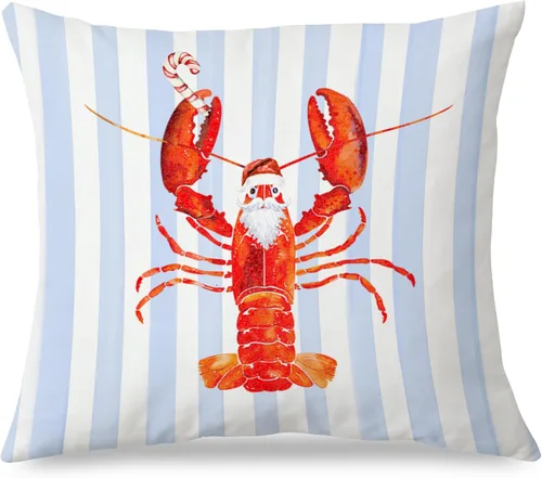 Vista 8 de Fundas de almohada costeras de langosta, fundas de almohada náuticas de langosta roja de Nueva Inglaterra con rayas azules y blancas para casa