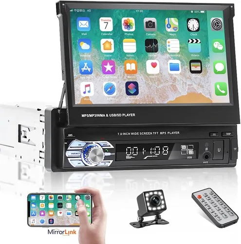 Vista 10 de Estéreo de Coche Individual DIN Apple Carplay y Android Auto 1 DIN 7 Pulgadas Pantalla Táctil Abatible Radio de Coche con Bluetooth y Micrófono