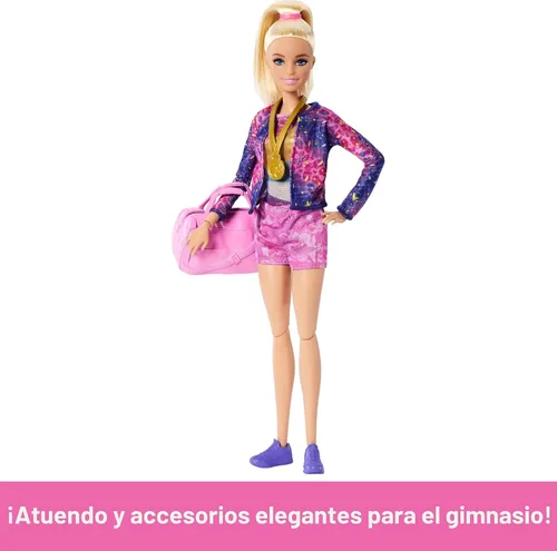 Vista 4 de Muñeca de gimnasia Barbie y accesorios, juego con muñeca rubia de moda, clip en C para acción de volteretas, barra de equilibrio, traje