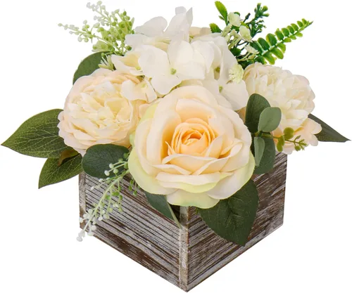 Vista 10 de DILATATA Arreglo floral con jarrón de madera, flores artificiales de 10 pulgadas en maceta, flores falsas en jarrón rectangular de madera blanco