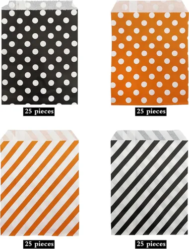 Vista 7 de Jexila Paquete de 100 bolsas de regalo de Halloween, bolsas de papel con patrón de lunares naranjas y negros con patrón de rayas para niños, regalos