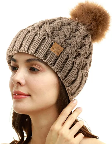Vista 2 de PAGE ONE Womens Winter Ribbed Beanie Crossed Cap Chunky Cable Knit Pompom Soft Warm Hat
