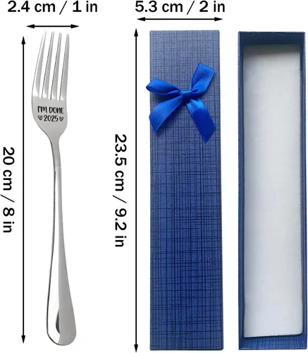 Vista 4 de He terminado 2025 Horquilla de acero inoxidable grabada divertida, regalos de jubilación 2025 para mujeres, hombres, amigos, profesores, compañeros