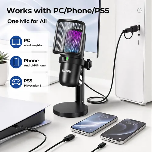 Vista 7 de Micrófono USB para juegos de transmisión, micrófono de escritorio de condensador de PC para video, uso doméstico, YouTube, con control RGB, perilla
